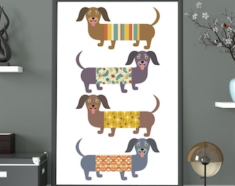Cute Dachshund Art Print | Weiner Dog Poster, Mid Century Modern, Dog Lover Gift, Sweater Dogs, Sausage Hot Dog Pet Prints, Dog Mom Gift