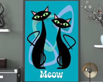 Cool Mid Century Modern Black Cat Print | Cat Lover Present, Retro Bar Decor, Black Kitten, Atomic Kitty, 1950&#39;s Style, Housewarming Gift