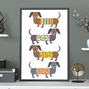 Cute Dachshund Art Print | Weiner Dog Poster, Mid Century Modern, Dog Lover Gift, Sweater Dogs, Sausage Hot Dog Pet Prints, Dog Mom Gift