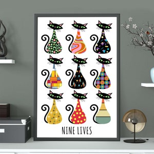 Uroczy wydruk artystyczny z kotem | Atomic Kitten, wydruk Mid-Century Modern, kolorowe kwiaty, zabawny czarny kot, miauczenie, wystrój retro Kitty, prezent na nowy dom