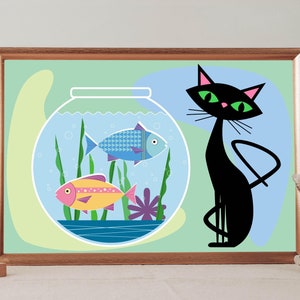 Kot z rybą | Atomic Cat Art, nadruk w stylu Mid-Century Modern, kolorowa ryba w misce, zabawny czarny kot, miauczenie, wystrój retro Kitty, prezent na nowy dom