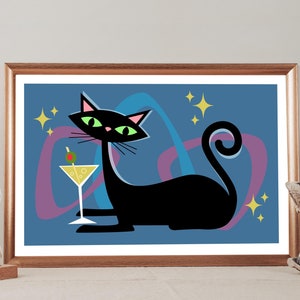 Zabawny miauczący kotek wydruk artystyczny | Kosmiczny kociak atomowy, wydruk w stylu Mid-Century Modern, zabawny czarny kot, lata 50., wystrój retro Kitty, prezent do nowego domu