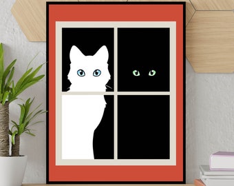 Cute Cat Art Print | White & Black Kitties, Mid-Century Modern Home Decor, Housewarming Gift, For Kitten Lovers, Pet Illustration