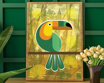 Stampa colorata di tucano / Illustrazione retrò di metà secolo anni '50, Poster di uccelli, Stampa naturalistica, Arte murale tropicale, Casa sulla spiaggia estiva, Regalo per la nuova casa