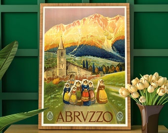 Abruzzo Vintage Italian Travel Poster | Abruzzo Italy, Mountain Town, Apennine Mountains, Italy Travel Art Print, European Wall Decor