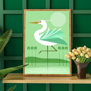 White Heron Art Print | Retro Midcentury, 1950s Illustration, Bird Poster, Nature Print, Woodland Wall Art, Green Room Decor, New Home Gift