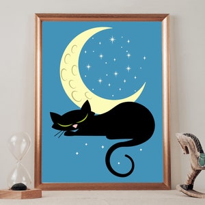 Wydruk artystyczny Sleepy Cat | Atomic Kitten, wydruk Mid-Century Modern, półksiężyc, zabawna sztuka czarnego kota, miauczenie, wystrój retro Kitty, prezent na nowy dom