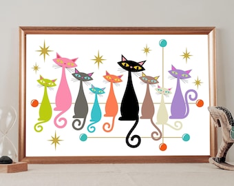 Mid-century Modern Atomic Cat Print | Cat Lover Present, Retro Bar Decor, Black Kitten, Boho Wall Decor, 1950&#39;s Style, Housewarming Gift
