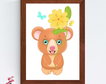 Cute Cuddly Bear Cub with Flower | Boho Nursery Decor, Child's Room Decor, Nursery Print, Art for Girls/Boys Bedroom
