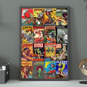 Science Fiction Pulp Magazine Covers Poster | Vintage Sci-Fi Art, Retro Magazines, Robots, Aliens, Creatures, Outer Space, Amazing Wall Art