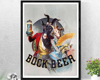 Póster de cerveza Bock / Arte publicitario vintage, anuncio de cerveza de estilo antiguo, cabras bebiendo cerveza alemana, decoración de pared divertida, arte de póster poco común