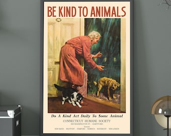 Wees aardig voor dieren poster | Dierenliefhebber muurkunst, huisdier liefde decor, humane zorg, dierenredding, Adopteer een huisdier, reddingshonden