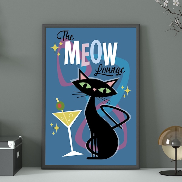 Cool Mid Century Modern Black Cat Art Print | Cat Lover Present, Bar Decor, Black Kitten, Atomic Kitty, 1950's Style, Housewarming Gift