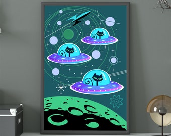 Funny Cat Art Print | Atomic Kittens, Mid-Century Modern Print, Flying Saucers, Funny Black Cat, UFO Cats, Retro Kitty Decor, New Home Gift