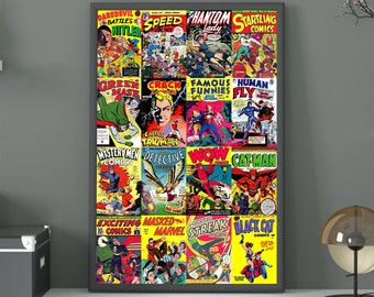 affiche de bande dessinée de super-héros vintage | Couvertures de bandes dessinées, cadeau pour fan de bandes dessinées, décoration de salle de jeux, bandes dessinées des années 40 et 50, cadeau de collectionneur de bandes dessinées