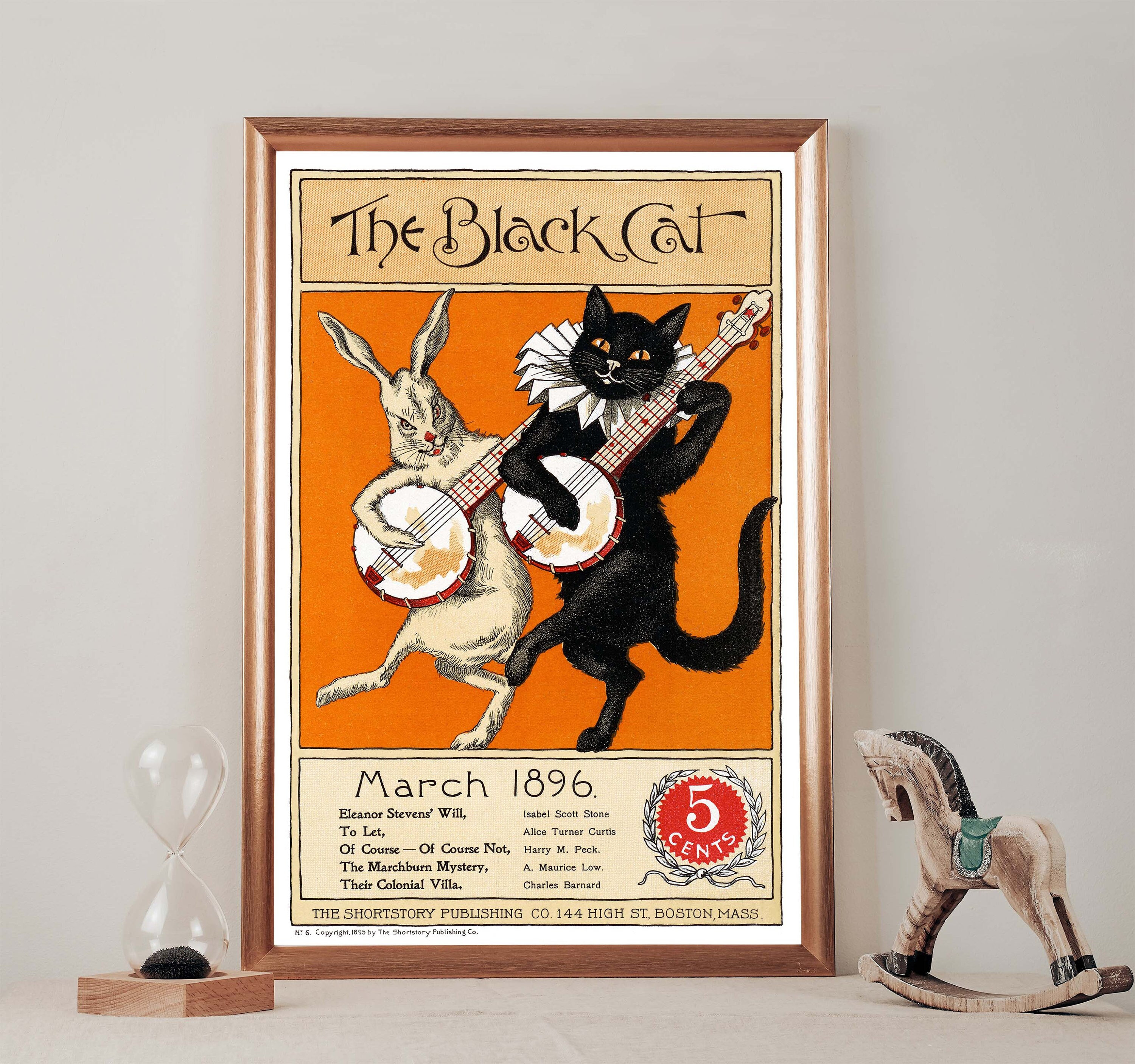 Black Cat & White Rabbit Banjo Antique Art Poster Vintage Magazine