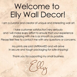 May include: A beige background with the text "Welcome to Elly Wall Decor!" in black. The text describes the seller as a curator and creator of wall art, emphasizing customer satisfaction and secure packaging for prints.