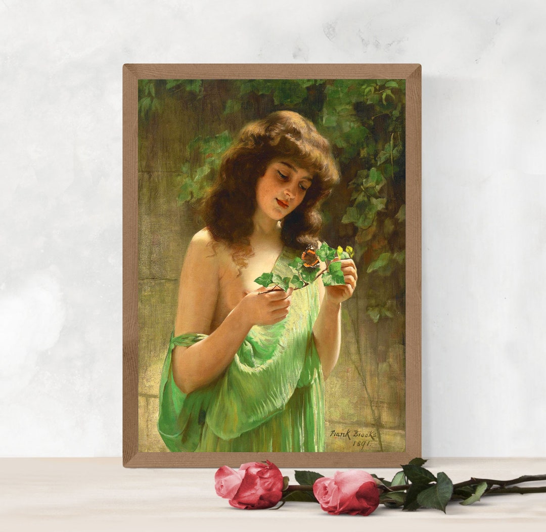 Girl in Green With Butterfly Painting Poster | Vintage Oil Painting ...
