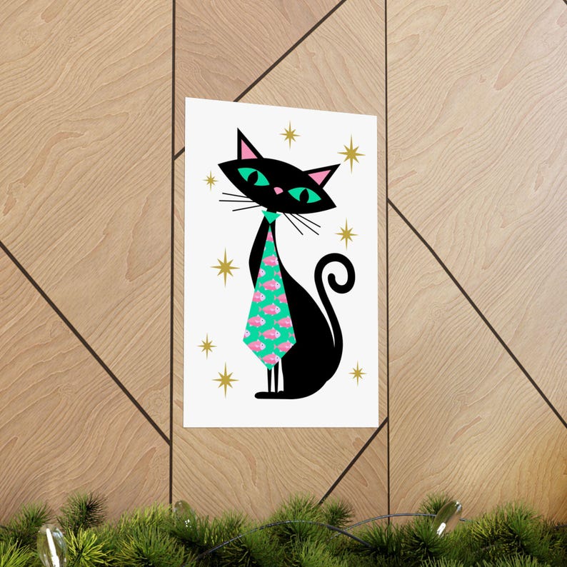 Cool Mid Century Modern Black Cat Print | Cat Lover Present, Retro Bar ...