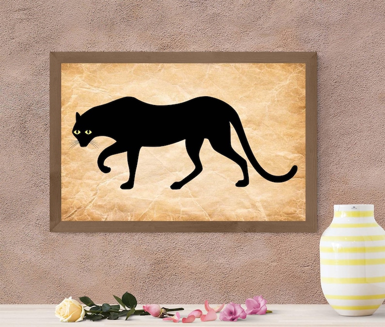 Stylized art of black panther with yellow eyes walking.