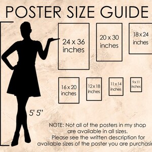 May include: A poster size guide with the text "POSTER SIZE GUIDE". The guide shows the dimensions of various poster sizes in inches, including 24x36, 20x30, 18x24, 16x20, 12x18, 11x14, and 9x11 inches. A silhouette of a person is included.