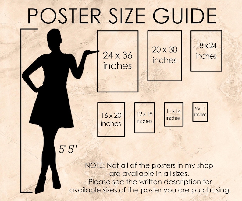May include: A poster size guide with the text "POSTER SIZE GUIDE". The guide shows the dimensions of various poster sizes in inches, including 24x36, 20x30, 18x24, 16x20, 12x18, 11x14, and 9x11 inches. A silhouette of a person is included.