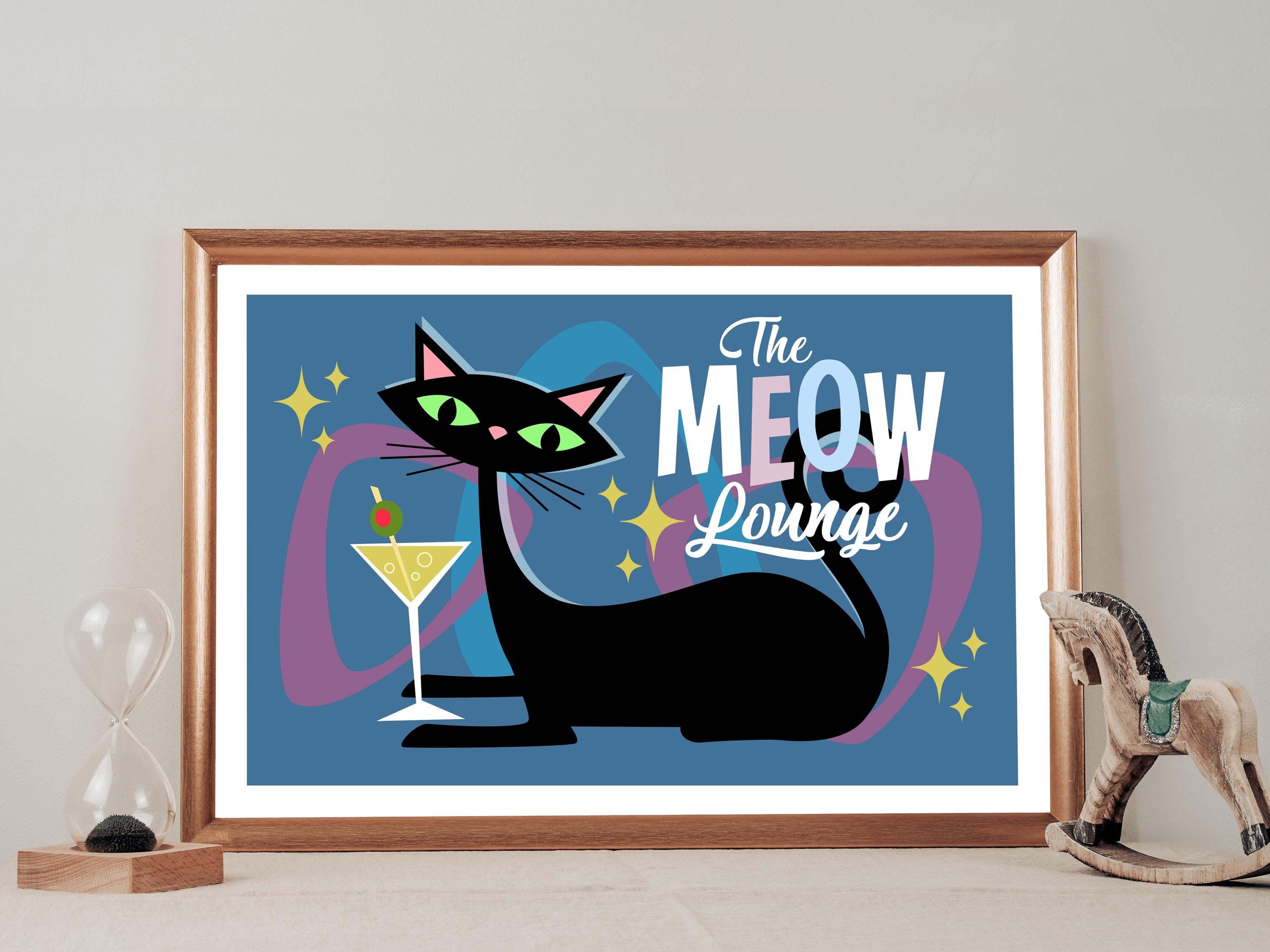 Funny Meow Cat Art Print | Space Age Atomic Kitten, Mid-Century Modern Print, Funny Black Cat, 1950s, Retro Kitty Decor, New Home Gift