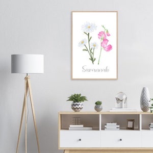 Baby name sign, custom birth month flower wall art, April birth flower gift, daisy print, birthflower framed print, baby girl gift for mom