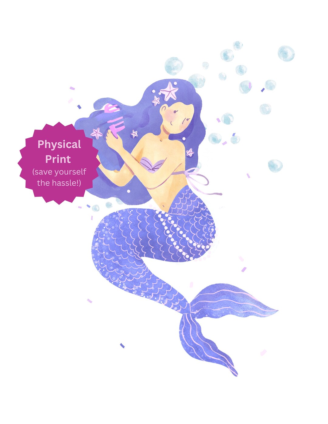 Purple Mermaid Print, Mermaid Wall Art, Mermaid Decor, Mermaid Brown