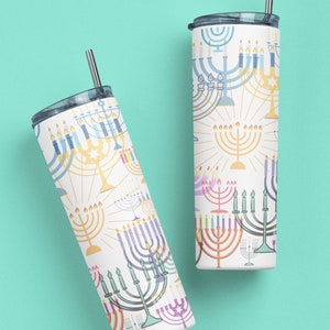 Hanukkah Tumbler with Straw 20oz Hanukkah mug Hanukkah gift idea skinny tumbler Hanukkah water cup Jewish gift idea bat mitzvah gift holiday