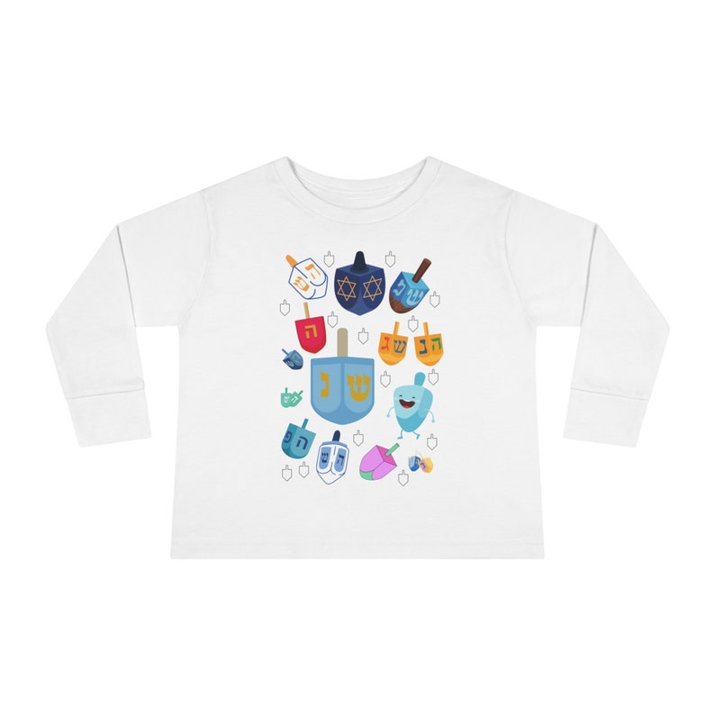 Camiseta Hanukkah para niños pequeños de manga larga, idea de regalo para niños hanukkah, ropa hanukkah para niños, linda camisa para niños pequeños hanukkah dreidel vacaciones imagen 8