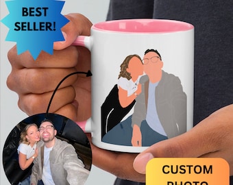 May include: White ceramic mug with a pink interior and handle, featuring a custom illustration of a couple. The mug has the text "BEST SELLER!" and "CUSTOM PHOTO" on the image. A smaller photo of the couple is also included.