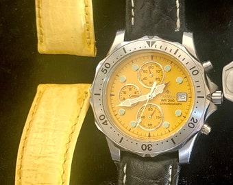 Raro Vintage Citizen Chronograph WR 200 amarillo sobre amarillo 0510-H14975 TA