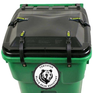 Ultimate Black Bear Trash Locks, straps to secure trash cans and carts against black bears.  Trash stays in Animals stay out