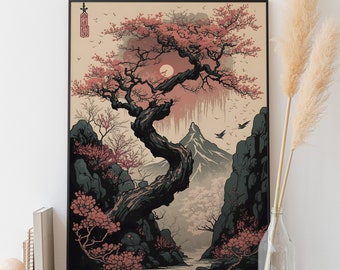 Japanese Cherry Blossom Wall Art, Tokyo Mountain Printable Art, Sakura Poster, Tokyo Landscape Poster, Japan Wall Decor, Japan Digital Art