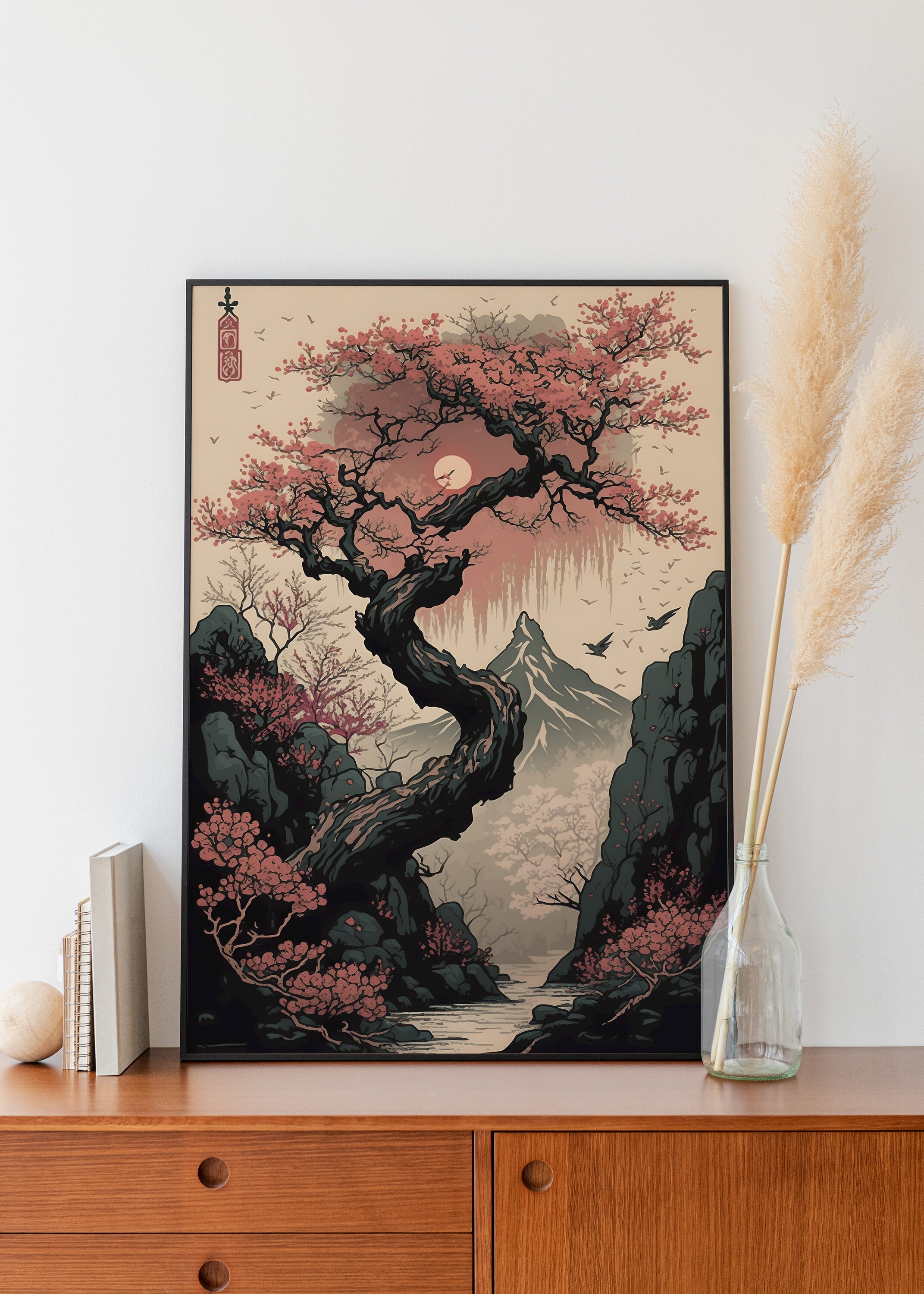Japanese Cherry Blossom Wall Art, Tokyo Mountain Printable Art, Sakura ...