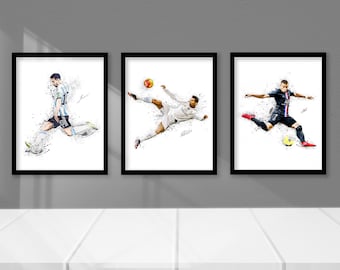 May include: Three framed black and white illustrations of soccer players in action. Each illustration features a different player in a different pose, with a soccer ball in the air.
