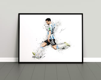 May include: A black and white illustration of a soccer player in a blue and white jersey kicking a soccer ball. The player is in mid-air and the background is a white splatter effect. The image is signed "Javi".