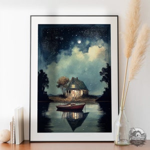 May include: A watercolor painting of a small house with a lit window, sitting on a small island in a lake. A red boat is docked in front of the house. The sky is dark blue with white clouds and stars. A full moon is visible in the sky.