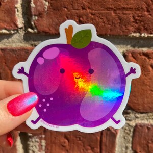 Adesivo olografico a forma di prugna / Adesivo in vinile impermeabile carino per bottiglie d'acqua, custodie per telefoni, agende, computer portatili / Frutta / Divertente