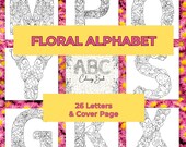 26 Floral Alphabet Coloring Pages Printable Book PDF, Letters, Flowers, Kids Adults Grayscale Digital Download