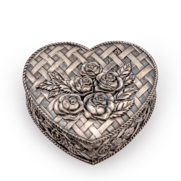 Pewter Heart Shape with Roses Trinket Box with Lid