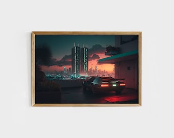 Digital Printable Retro Synthwave Outrun Futuristic Car Illustration | Synthwave Wall Art | Printable Wall Art