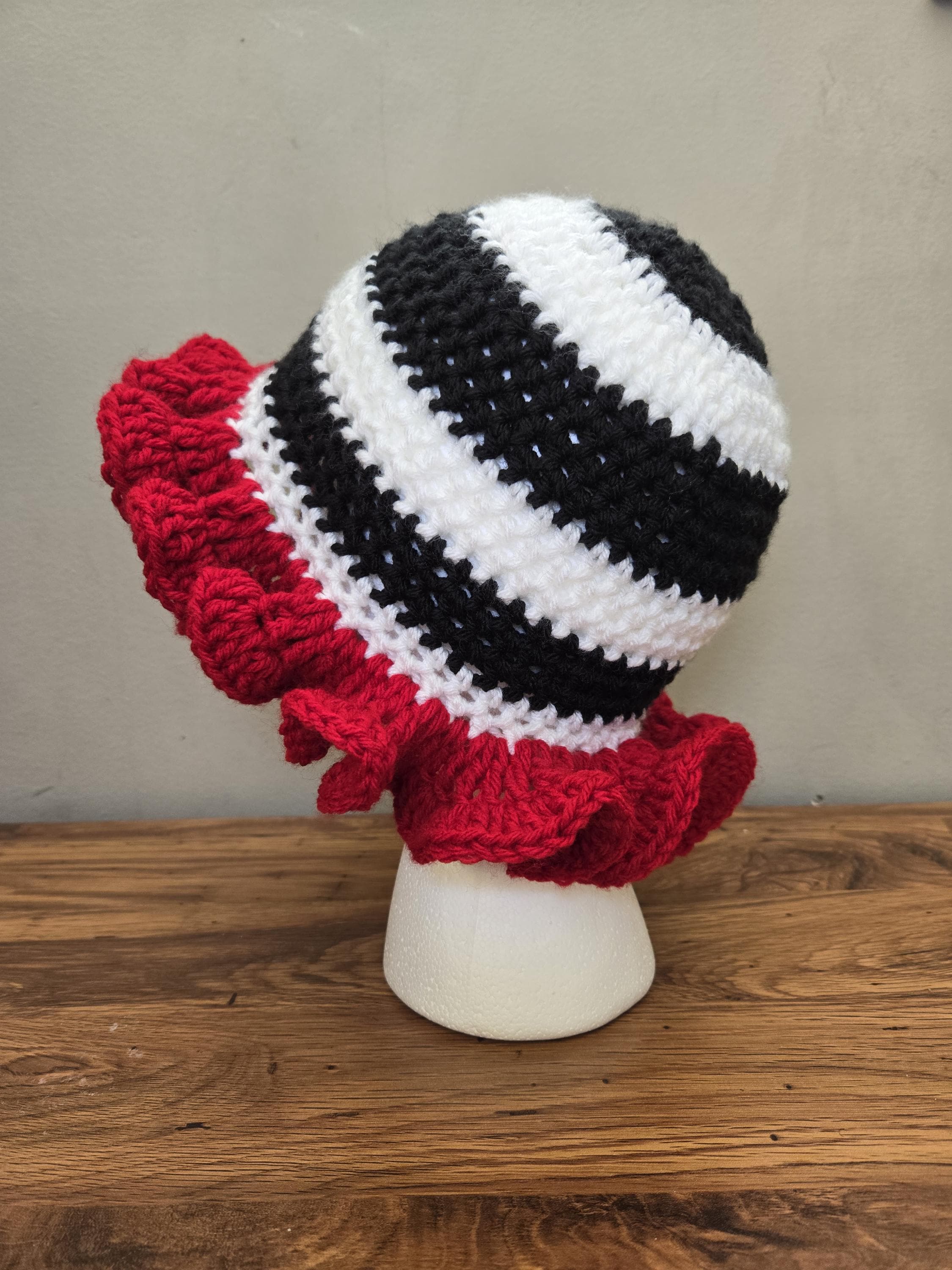 Hat Ruffles Red Handmade Bold and Ruffled Crochet Hat – Black and White Stripes With ...
