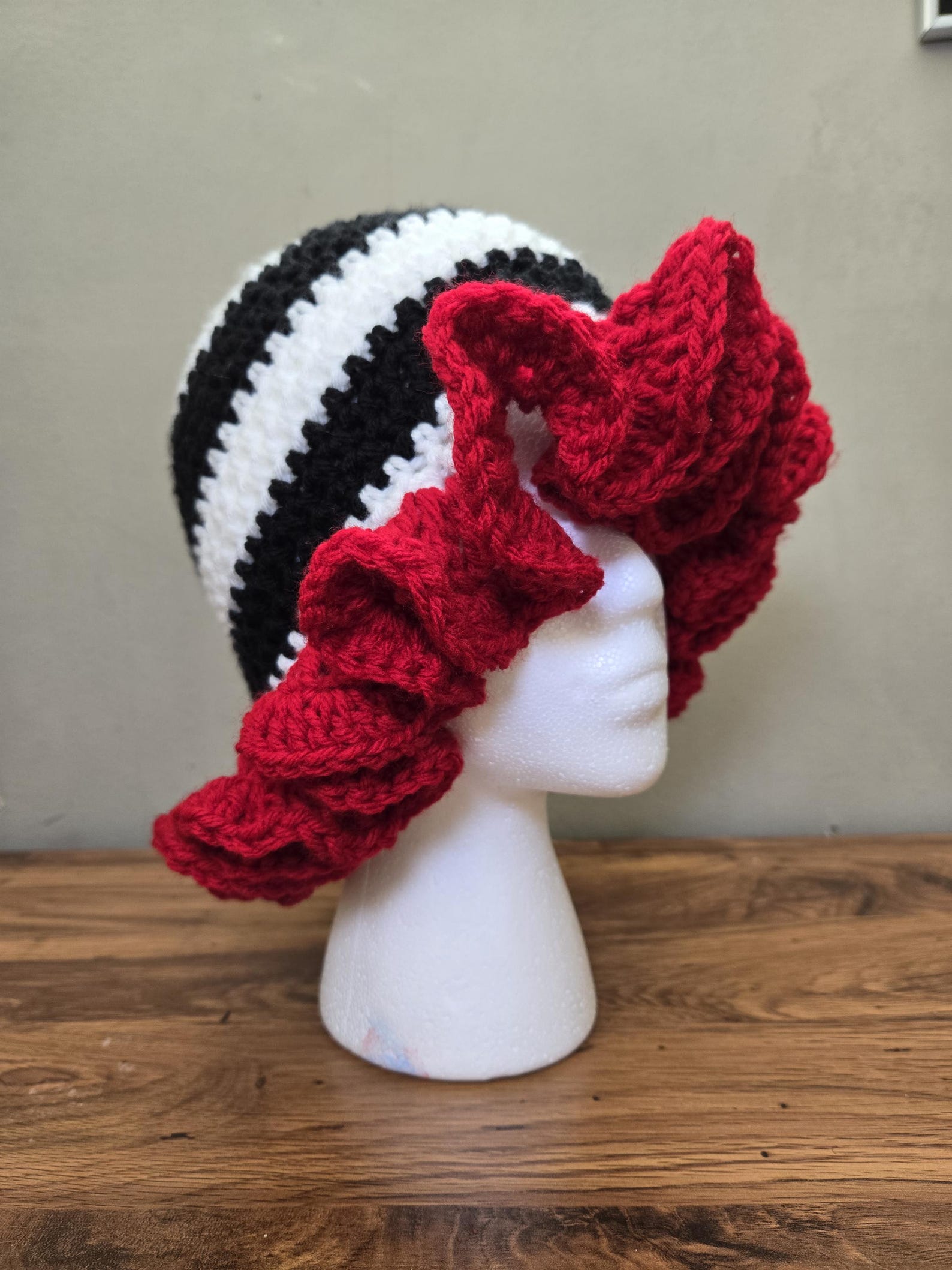 Hat Ruffles Red Handmade Bold and Ruffled Crochet Hat – Black and White Stripes With ...
