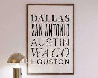 Impresión artística de ciudades de Texas: Dallas, Houston, Austin (Descarga digital)