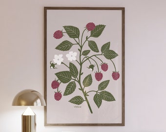 Botanical Wall Art, Digital Download, Raspberry Print, Kitchen Print, Printable Wall Art, Fruit Art Print, Kitchen Decor, Trendy Wall Art