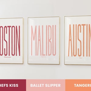Puede incluir: Tres impresiones enmarcadas con las palabras "BOSTON", "MALIBU" y "AUSTIN" en diferentes tonos de rosa y rojo. Las palabras est&aacute;n en negrita, en fuente sans-serif. Los marcos son dorados y el fondo es blanco. Los colores est&aacute;n etiquetados como "CHEFS KISS", "BALLET SLIPPER" y "TANGERINE".