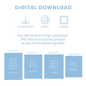 Puede incluir: Un gr&aacute;fico de descarga digital con iconos azules para descargar, imprimir y enmarcar. El texto dice "Descarga digital" y "Recibir&aacute;s 4 archivos JPG de alta resoluci&oacute;n que se pueden imprimir en cualquiera de los siguientes tama&ntilde;os:" con cuatro columnas etiquetadas como "Relaci&oacute;n 2:3", "Relaci&oacute;n 3:4", "Relaci&oacute;n 4:5" y "Relaci&oacute;n 11:14". Cada columna enumera diferentes tama&ntilde;os en pulgadas, como 4x6 pulg, 8x12 pulg, 16x24 pulg, 20x30 pulg, 24x36 pulg, y m&aacute;s.