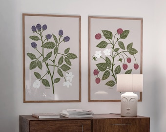 Botanical Fruit Print Set: Blackberry & Raspberry Kitchen Art (Digital Download)